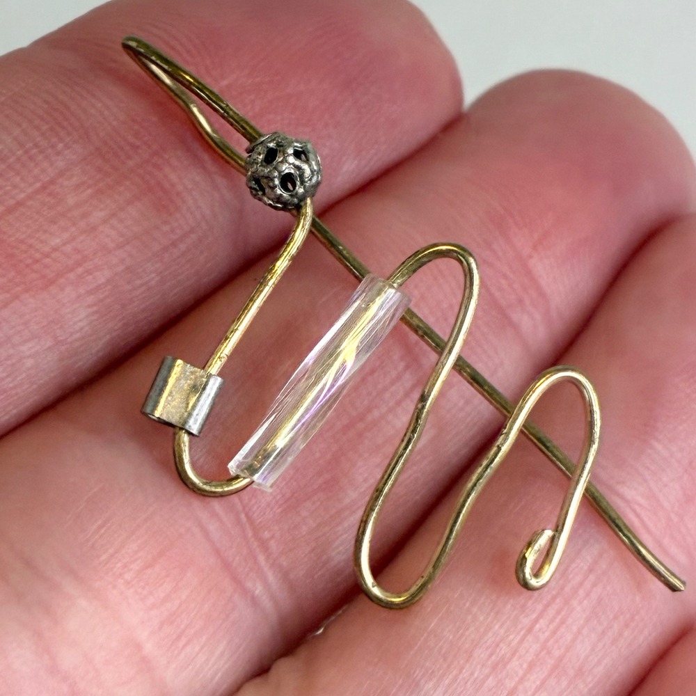 Vintage Earrings Abstract Zig Zag Wire Gold Tone Glass Bead Artisan Modernist - Picture 5 of 11
